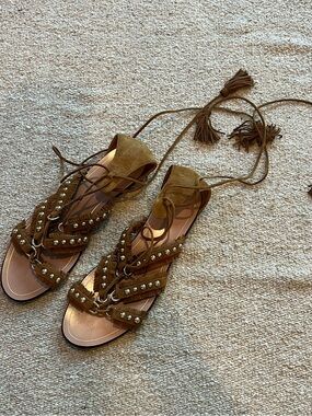 Aquazzura Shoes | Tulum Studded Cognac Fringe Sandal Flat